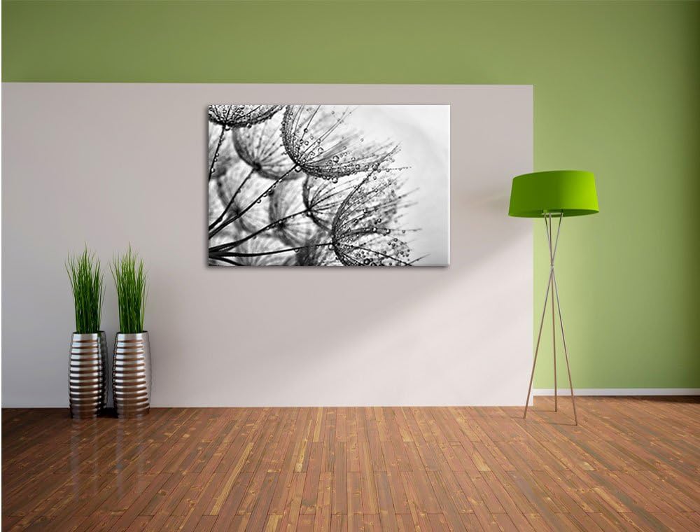 Pixxprint Monocrome, Tropfen bedeckte Pusteblumen, Format: 100x70 auf Leinwand, 100x70