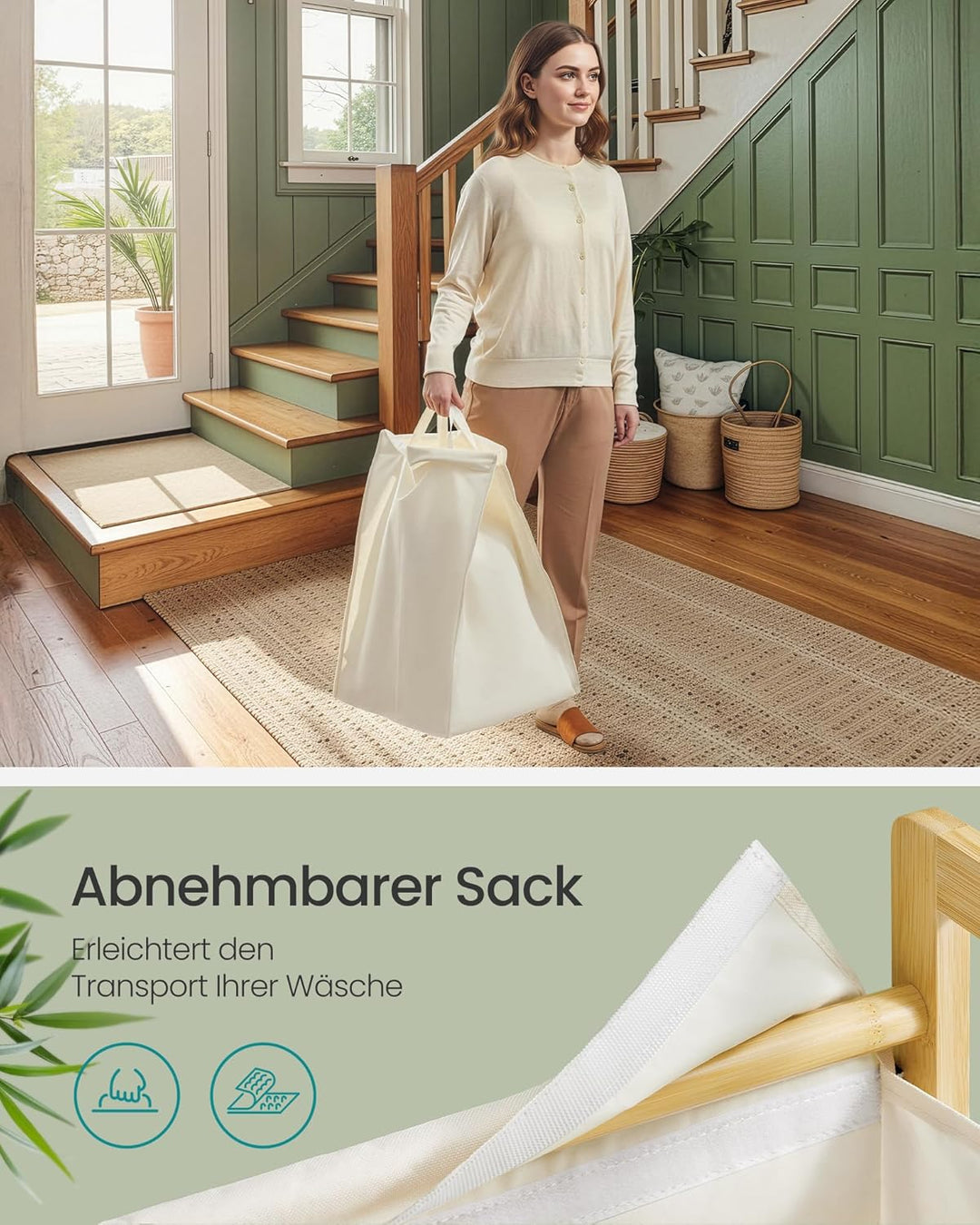 SONGMICS Wäschekorb 2 Fächer, Wäschesammler mit Bambusrahmen, verstärkter und abnehmbarer Deckel, Wä