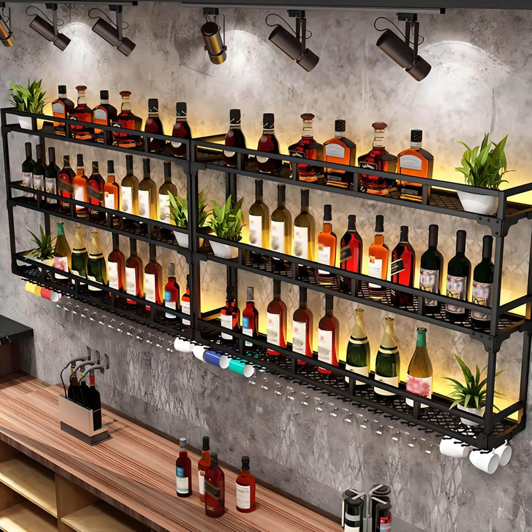 Weinregal Wand mit Glashalter, 3 Ebenen Weinpareite Display Rack, Metall Weinflasche Glashalter Wand