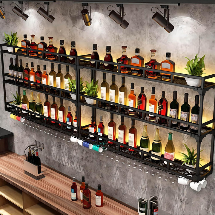 Weinregal Wand mit Glashalter, 3 Ebenen Weinpareite Display Rack, Weinflasche Glashalter Wandmontage