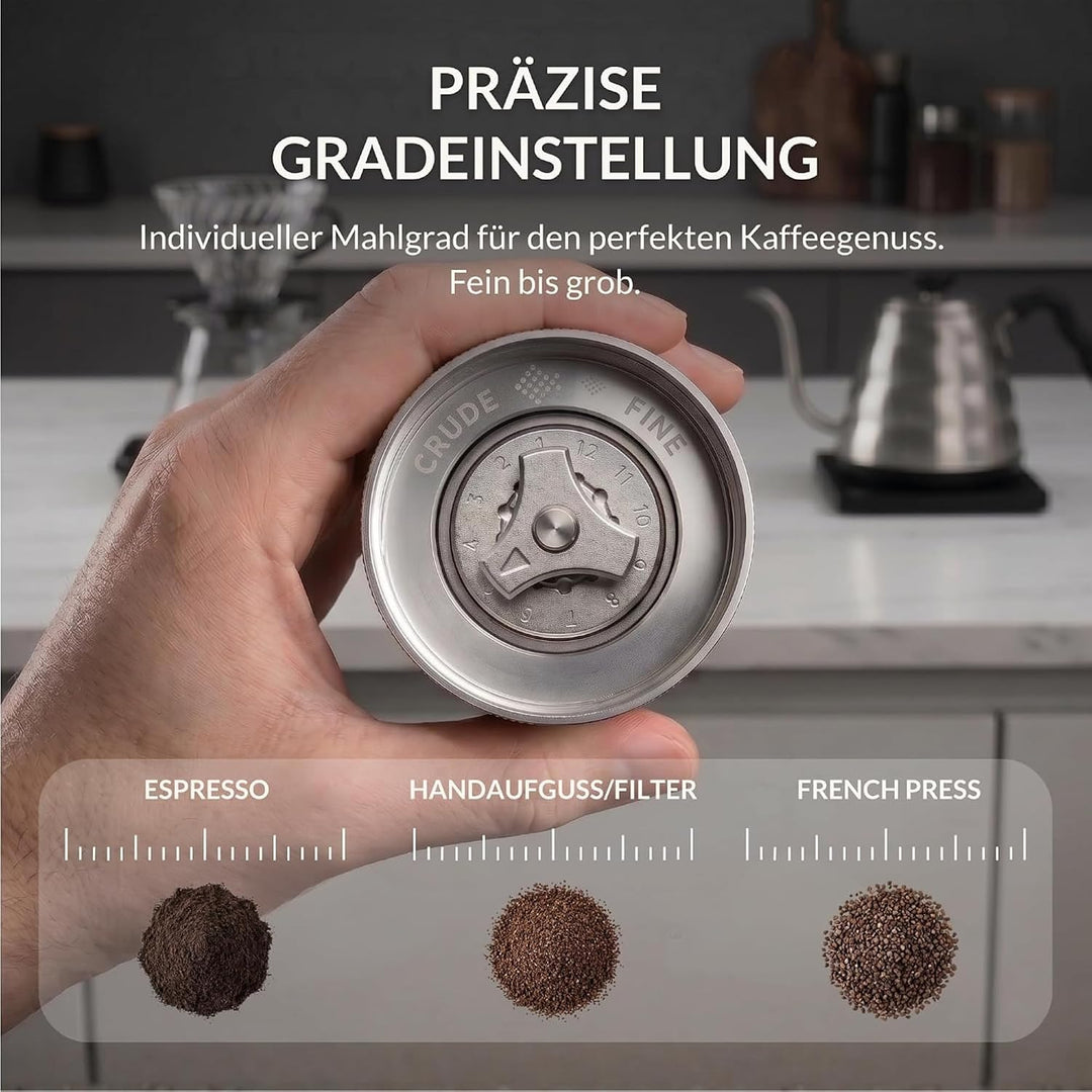 Thiru Handkaffeemühle manuell, Testsieger 2026, Edelstahl-Kegelmahlwerk mit 60 Mahlgraden & Doppella
