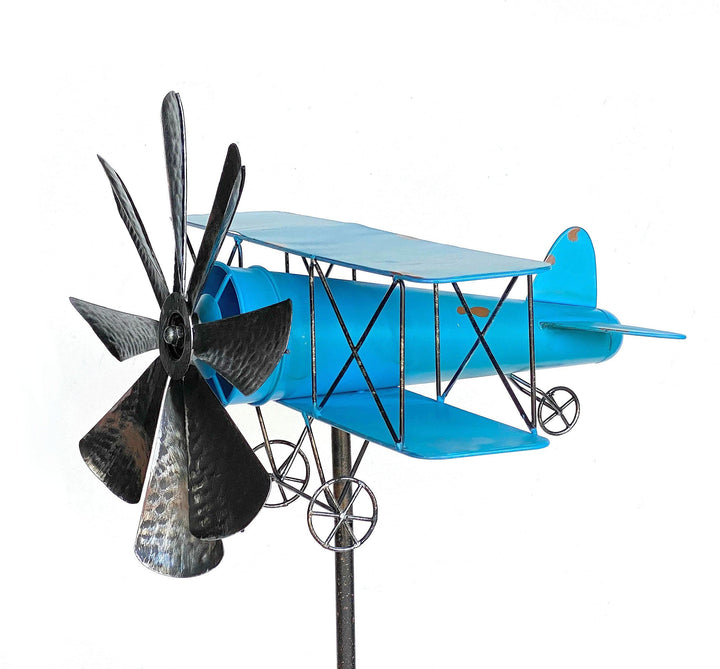 DanDiBo Gartenstecker Metall Flugzeug XL 160 cm Doppeldecker Blau 96099 Windspiel Windrad Wetterfest