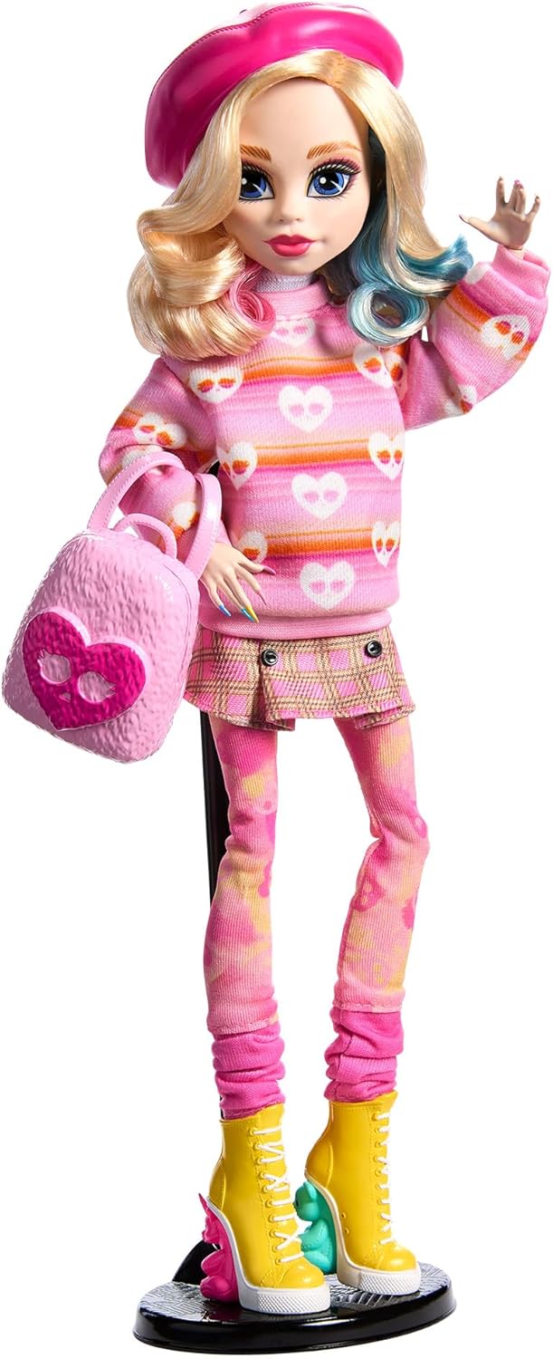 Monster High Wednesday Puppe und Accessoires, Enid Sinclair Sammelfigur in pink mit Baskenmütze und