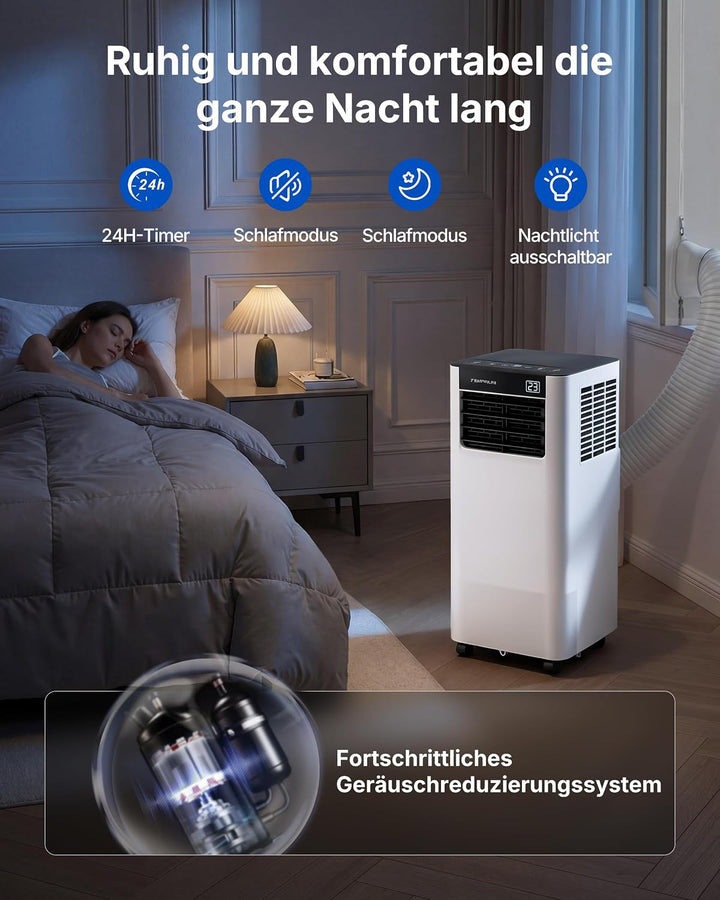 Mobile Klimaanlage 9000BTU 2,6Kw mit Abluftschlauch | 3-in-1 Mobiles Klimagerät | Fensterabdichtung