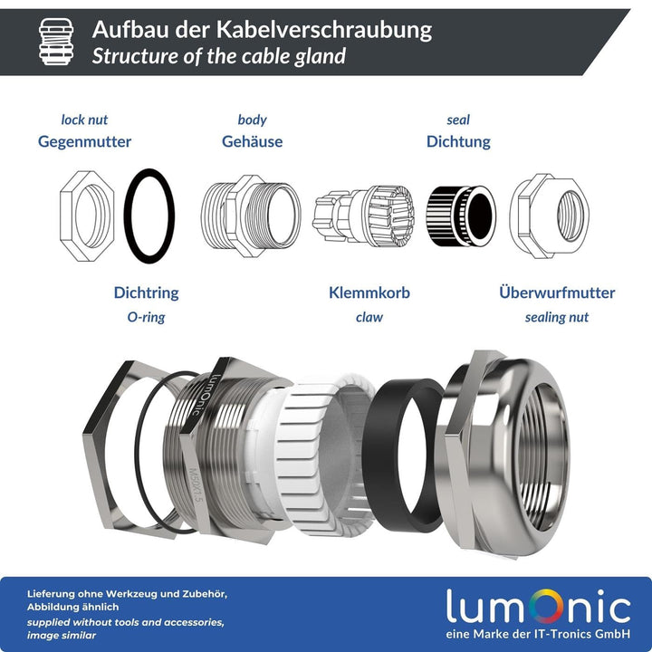 Lumonic Kabelverschraubung Metall M50 | Klemmbereich 32-38mm | IP68 | mit Gegenmutter | Messing vern