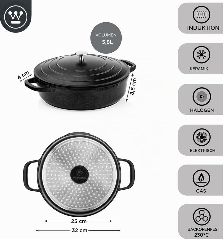 Westinghouse PERFORMANCE SERIES Schmorpfanne mit Deckel, Grosse Bratpfanne 32 cm für Induktion &amp; all