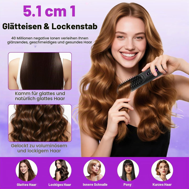 Stylingbürste für Kurze Haare, Haarbürste Elektrisch für Langes Haare, Glättbürste Kabellos mit 3 Wä