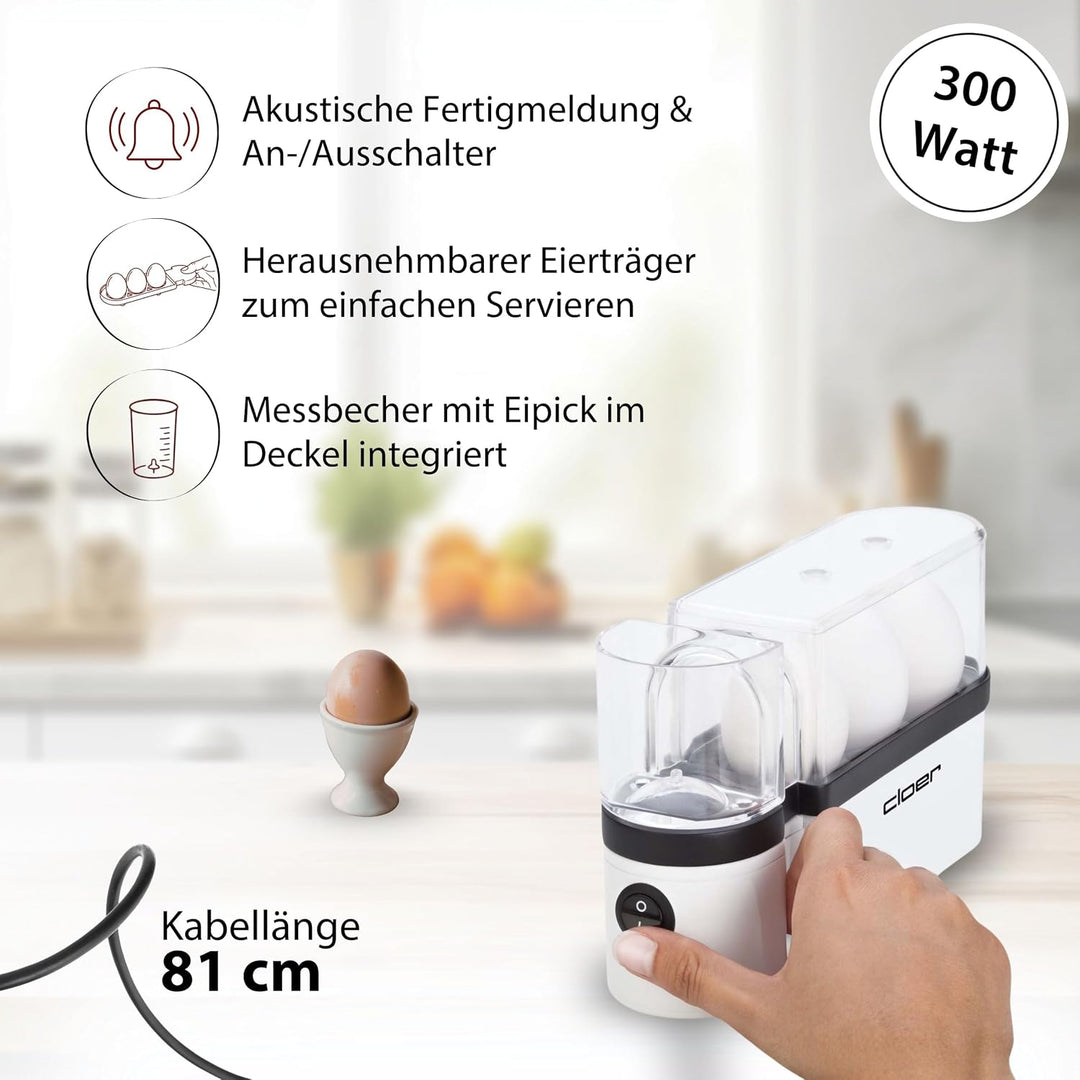 Cloer 6021 Eierkocher, bis zu 3 Eier, herausnehmbarer Eierträger, Servierfunktion, 300 Watt, Kunstst