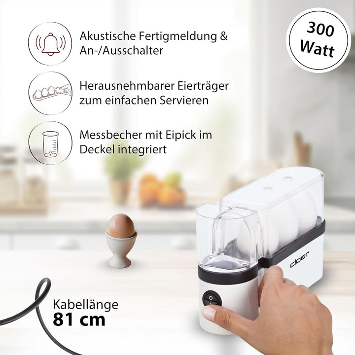 Cloer 6021 Eierkocher, bis zu 3 Eier, herausnehmbarer Eierträger, Servierfunktion, 300 Watt, Kunstst