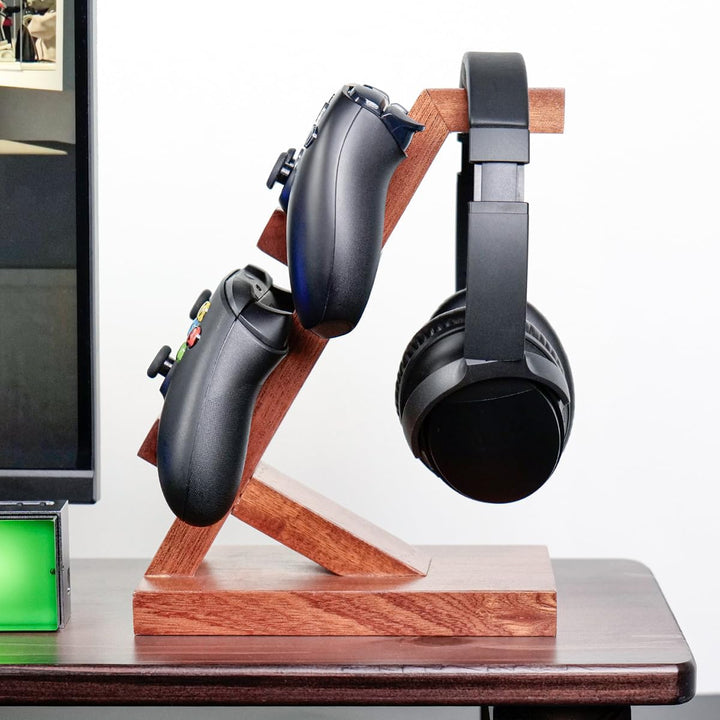 Sarini Dual-Gamepad-Controller und Kopfhörerständer aus massivem Holz, Aufbewahrungsständer für Game