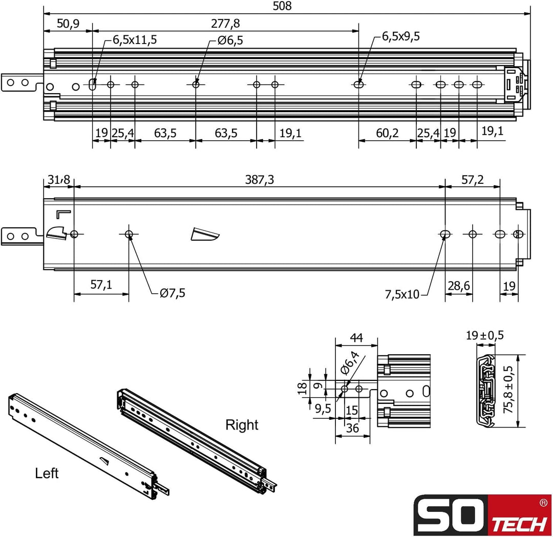 1 Paar SOTECH Schwerlastauszüge VarioSlide KV2-200-H76-L500-EH 508 mm mit Lock-in/out Einrastfunktio