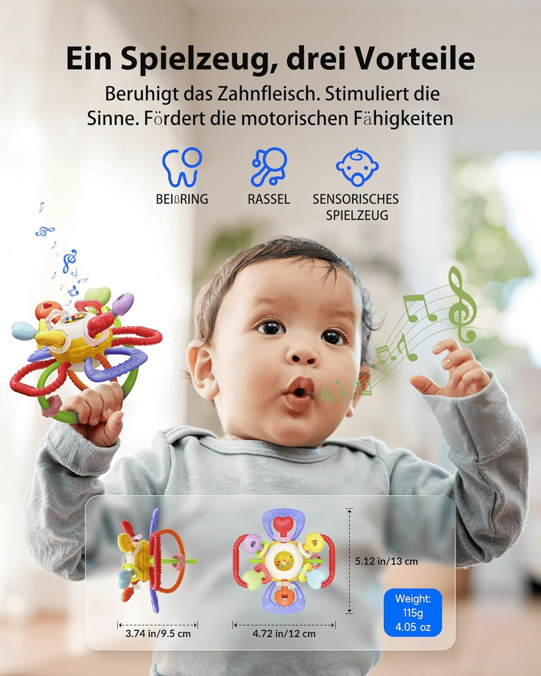 Infinno Baby Greifball & Rassel,BPA-freies Silikon Beissring-Spielzeug für 0-12 Monate, Multifunktio
