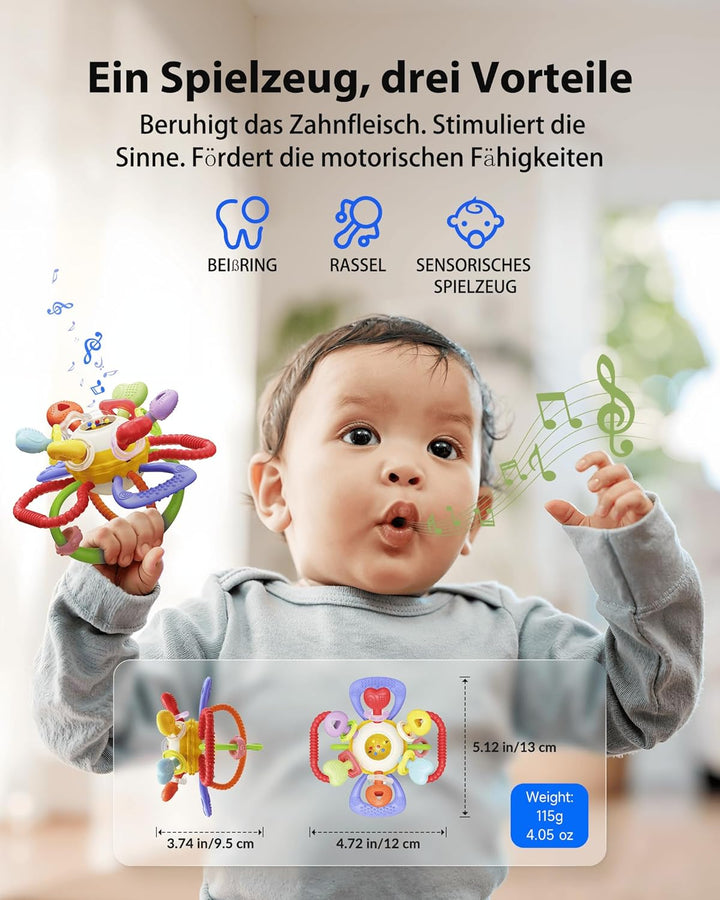 Infinno Baby Greifball & Rassel,BPA-freies Silikon Beissring-Spielzeug für 0-12 Monate, Multifunktio