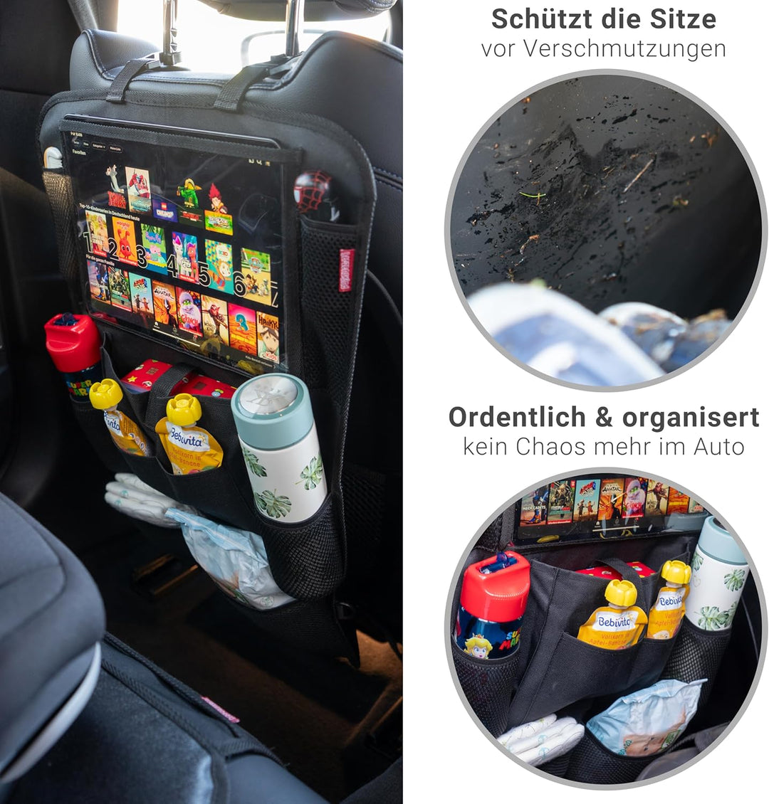 HerzensKind Rückenlehnenschutz und Organizer. Auto Organizer mit extra grossem 13" Tabletfach und 9