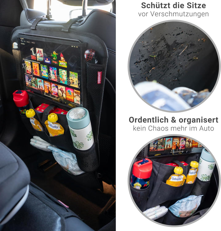 HerzensKind Rückenlehnenschutz und Organizer. Auto Organizer mit extra grossem 13" Tabletfach und 9