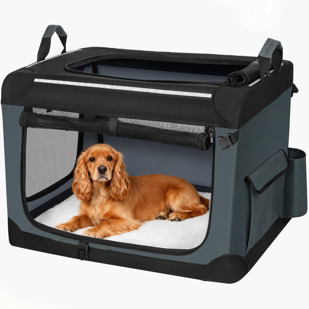 Hundebox Faltbar, 3-Türiger Transportbox Hund, 76,2 × 53,4 × 53,4cm, Tragbare Hundetasche mit Reflek