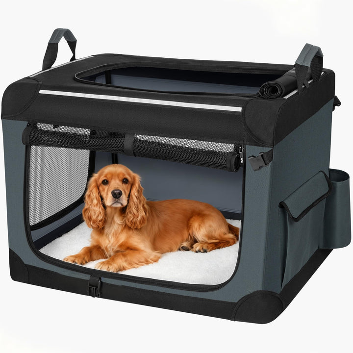 Hundebox Faltbar, 3-Türiger Transportbox Hund, 76,2 × 53,4 × 53,4cm, Tragbare Hundetasche mit Reflek