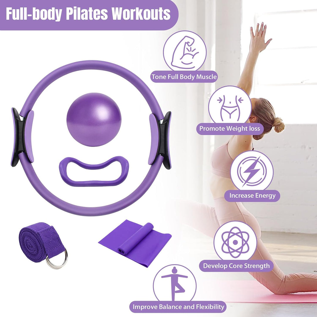 5 Stück Pilates Ring Set mit Yoga Ball, Yoga Gurt und Fitnessbänder, Pilates Essentials Kit für Frau