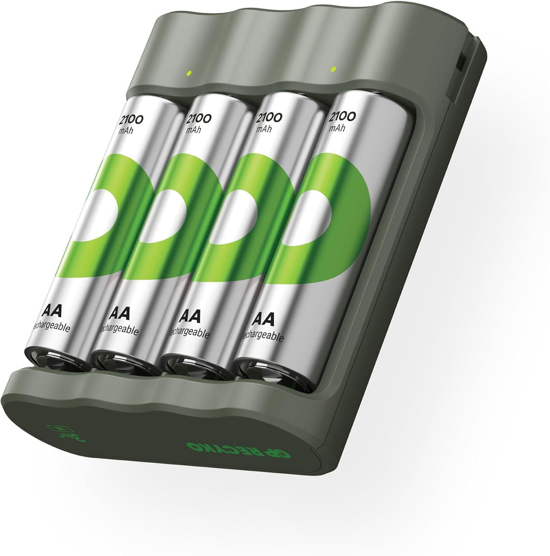 GP ReCyko USB Batterie Ladegerät AA AAA incl. 4 Stück Akku AA 2100mAh, NiMH 1,2V Akku Ladegerät mit