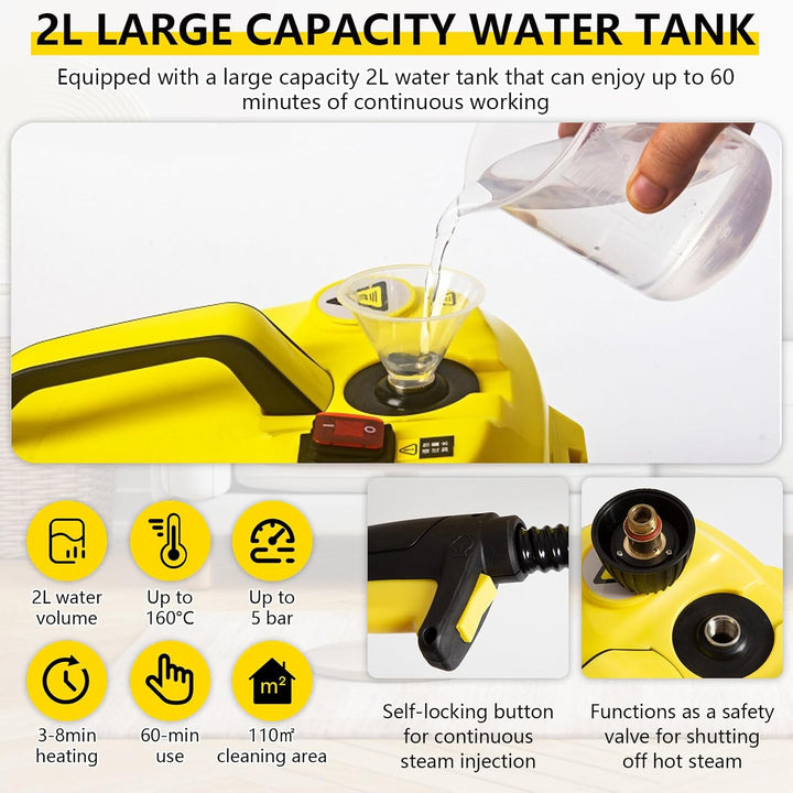 Dampfreiniger 2000W, Mehrzweck Dampfreiniger für Zuhaus, 2L Wasserkapazität, Dampfdruck: 5 Bar, Damp