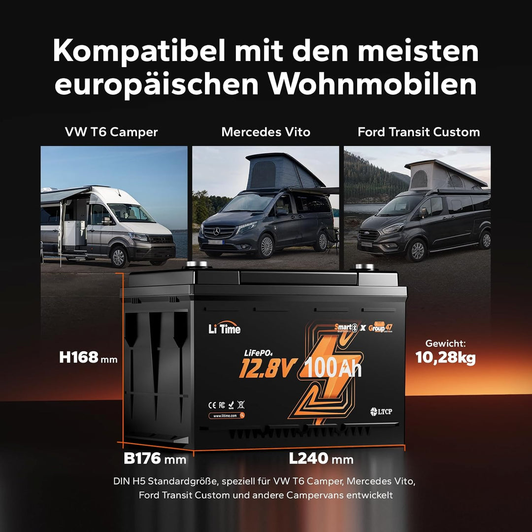 LiTime LiFePO4 12V 100Ah Bluetooth Lithium Batterie, DIN H5 Untersitz-Akku (168mm Höhe) mit 100A BMS