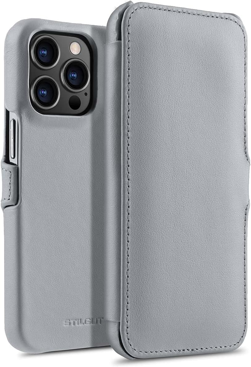 STILGUT Book Case kompatibel mit iPhone 13 Pro (6.1“) Hülle aus Leder mit Clip-Verschluss, Klapphüll