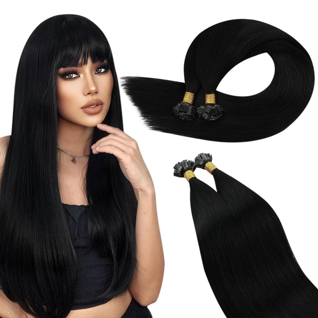 Ugeat Flat Tip Extensions 60cm Bonding Extensions Echthaar Schwarz Bonding Echthaar Extensions Kerat