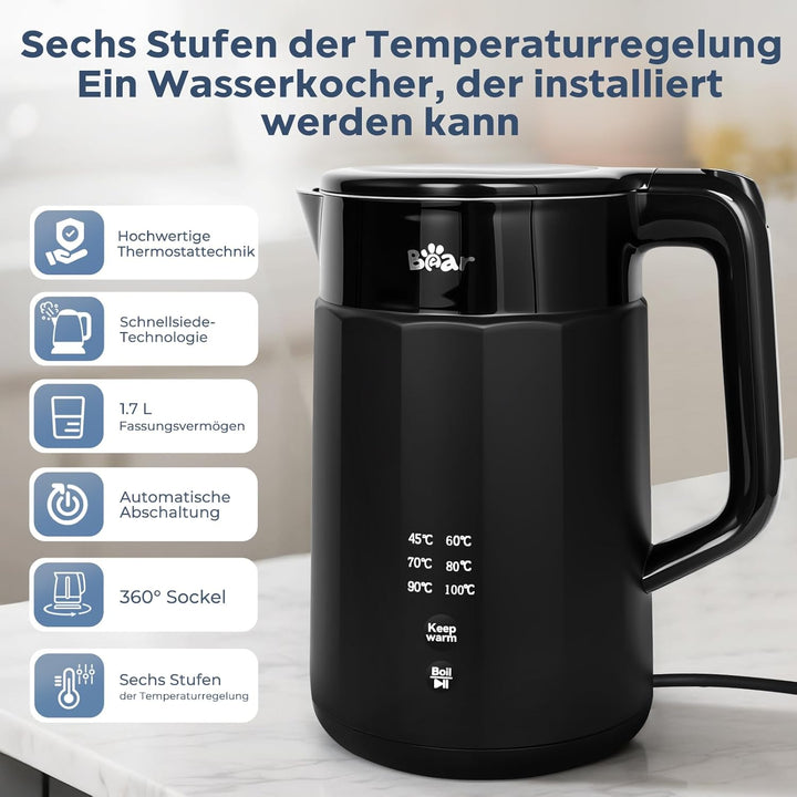 Bear Electric Kettle 1800W-2200W 1.7L 45°C ~ 100°C Kettle with 6 Temperature Controls, Automatic Shu