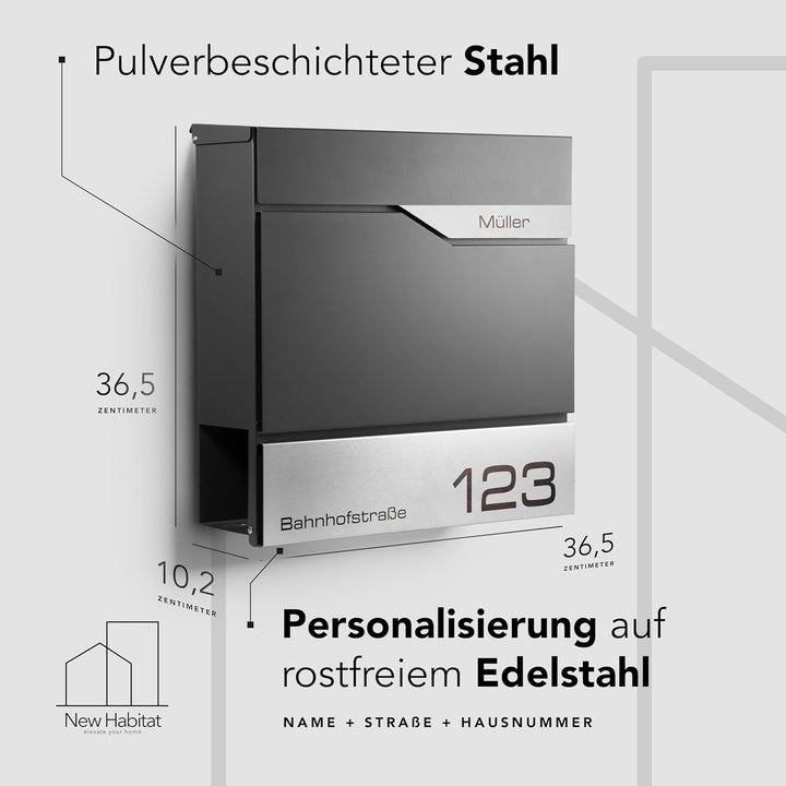 Moderner Briefkasten Personalisierbar Manhattan Anthrazit RAL7016 - mit Zeitungsfach - Wandbriefkast