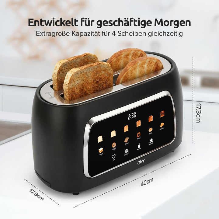 Olvy T-40T Toaster mit langen Schlitzen – 1500 W, LCD-Touch-Display mit Timer, 6 Bräunungsstufen, Au