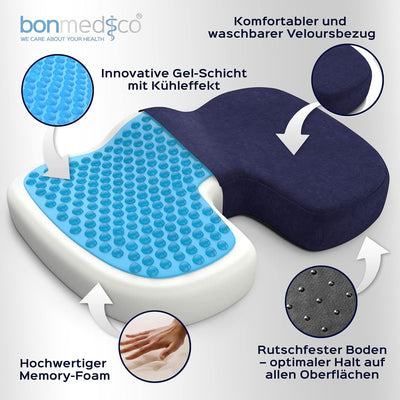 bonmedico Sitzkissen orthopädisch - Memory Foam Gel Steissbeinkissen - Ergonomisches Sitzkissen für