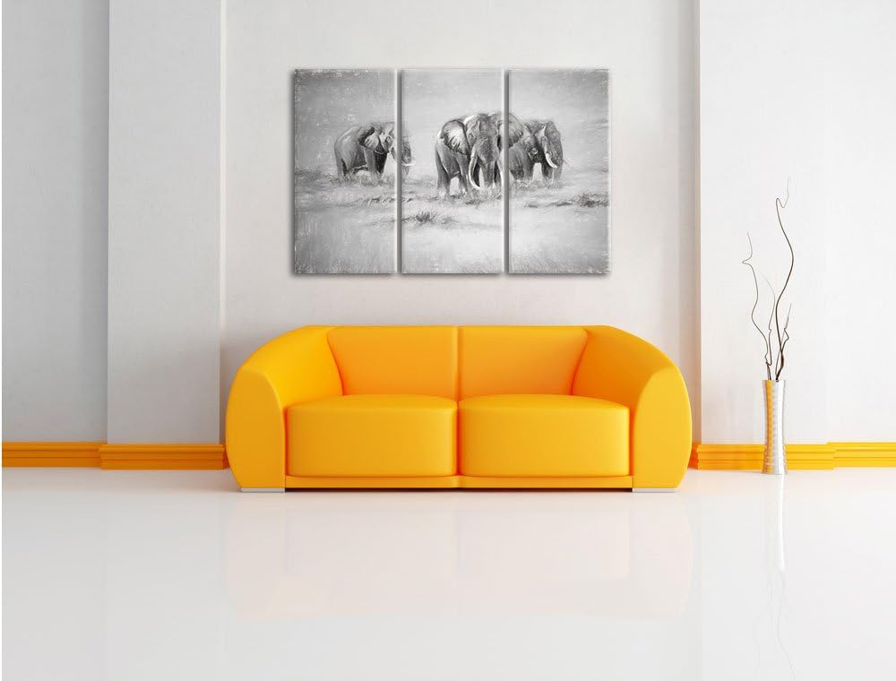 Pixxprint Elefanten in Südafrika / 3-Teilig/Gesamtmass 120cm Leinwandbild bespannt auf Holzrahmen/Wa
