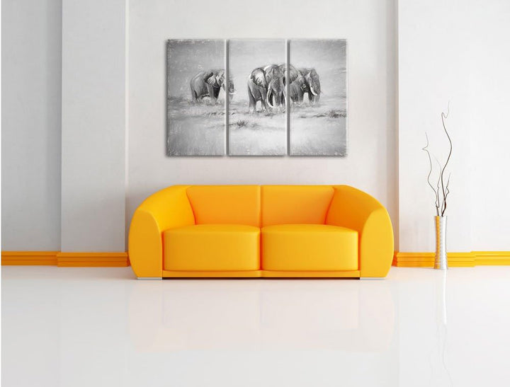 Pixxprint Elefanten in Südafrika / 3-Teilig/Gesamtmass 120cm Leinwandbild bespannt auf Holzrahmen/Wa