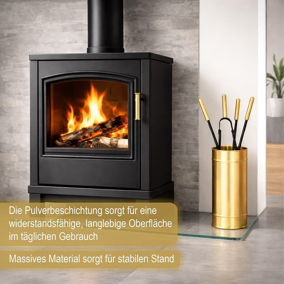 MS Beschläge Kaminbesteck Set 5-teilig Messing – Ofenbesteck modern mit geschlossenem Halter – Kamin