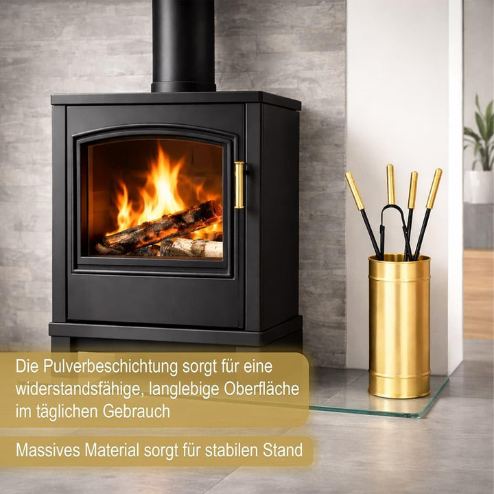 MS Beschläge Kaminbesteck Set 5-teilig Messing – Ofenbesteck modern mit geschlossenem Halter – Kamin