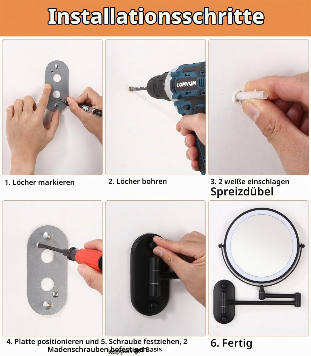 Kosmetikspiegel mit 1X/10X Vergrösserung LED Beleuchtung, Dimmbar, 3 Farben