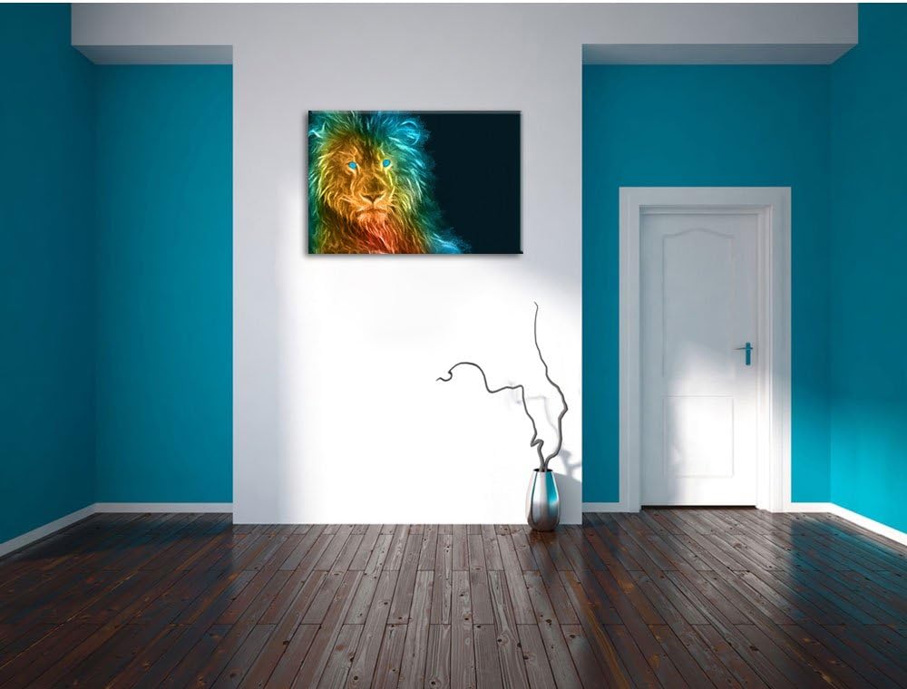 Pixxprint Dark - Löwe mit blauen Augen als Leinwandbild/Grösse: 100x70 cm/Wandbild/Kunstdruck/fertig