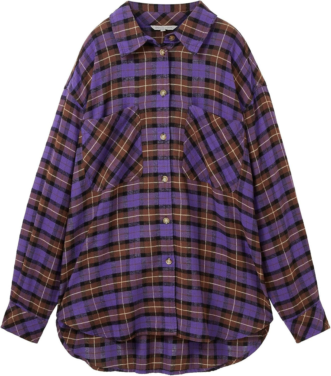TOM TAILOR Denim Damen Oversized Flanell Bluse mit Karomuster M 32415 - Lilac Check, M 32415 - Lilac