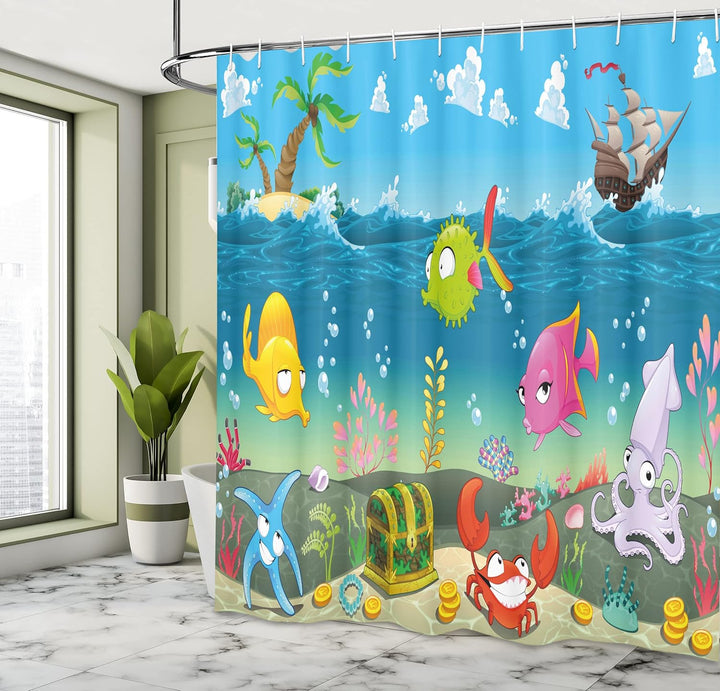 ABAKUHAUS Cartoon Duschvorhang, Meerestiere Unterwasser, Stoffliches Gewebe Badezimmerdekorationsset