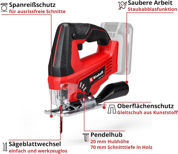 Einhell Akku-Stichsäge TC-JS 18 Li Power X-Change (Li-Ion, 18V, 20 mm Hubhöhe, max. 45° Schrägschnit