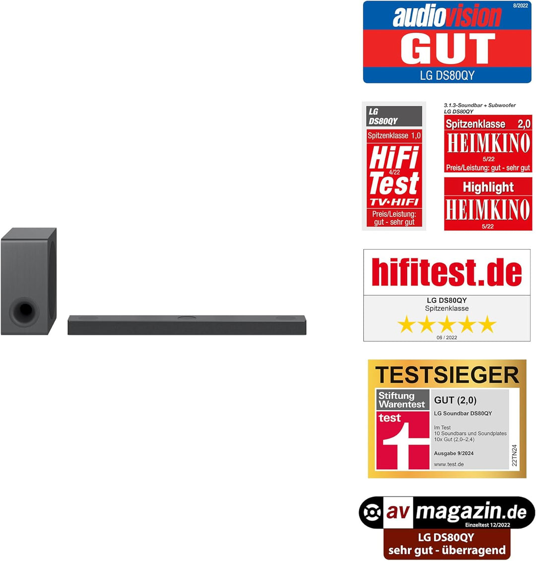 LG DS80QY 3.1.3 Soundbar (480W) mit kabellosem Subwoofer & MERIDIAN-Technologie (Dolby Atmos, HDMI,