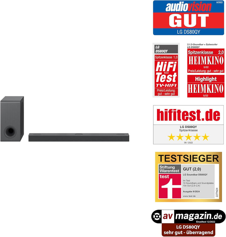 LG DS80QY 3.1.3 Soundbar (480W) mit kabellosem Subwoofer & MERIDIAN-Technologie (Dolby Atmos, HDMI,