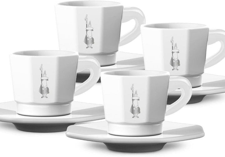 Bialetti Octagonal Cups, Set 4 Cups, White and Silver, 75 ml,