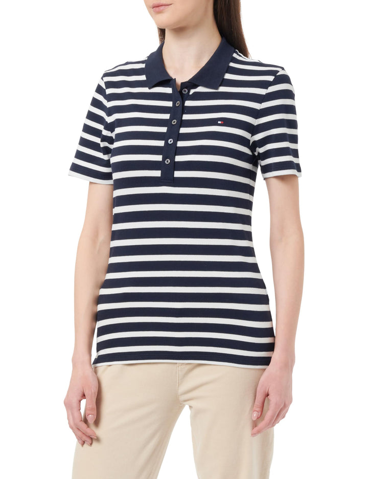Tommy Hilfiger Damen Poloshirt Kurzarm 1985 Slim Pique Stripe Polo Ss Slim Fit M Blau (Breton Stp/ D
