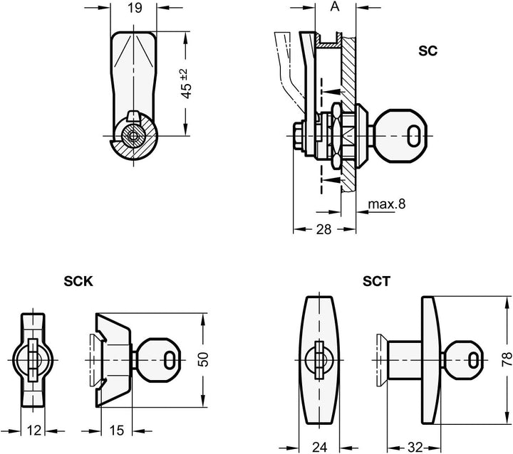 Ganter Normelemente GN 115-SCT-32 115-SCT-32-Verriegelung mit Zylinderschlüssel, Betätigung mit T-Gr
