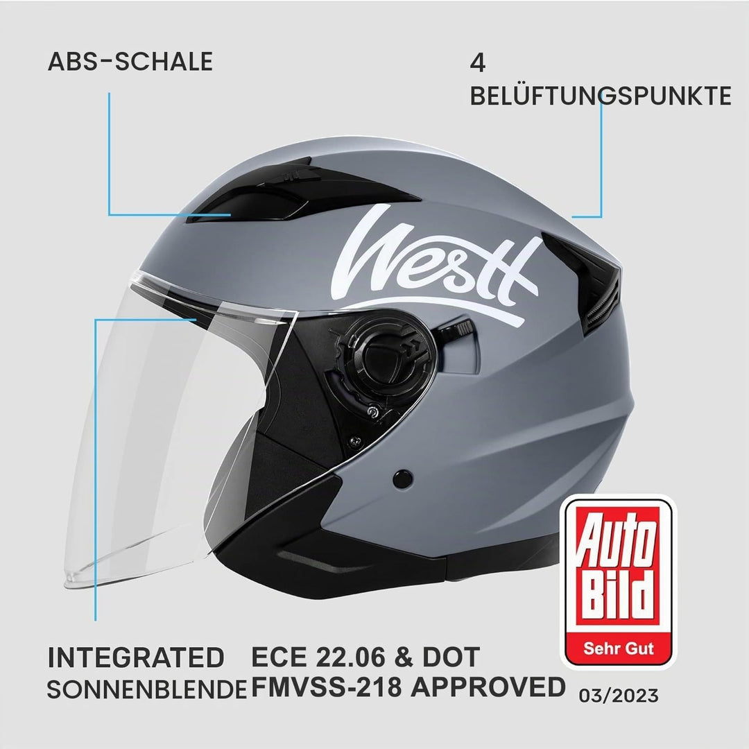 Westt Jethelm Motorradhelm mit Visier und Sonnenblende, ECE 22.06 Zertifiziert, Leichter Open-Face H