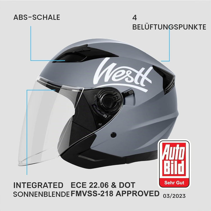 Westt Jethelm Motorradhelm mit Visier und Sonnenblende, ECE 22.06 Zertifiziert, Leichter Open-Face H