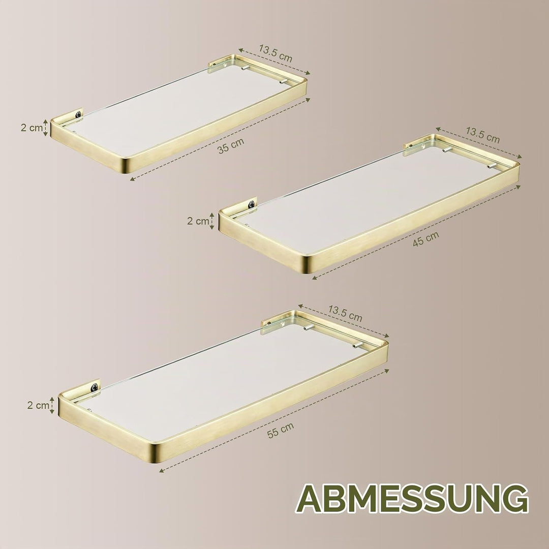 Glasablage mit Reling aus Gebürstetes Gold, Wandablage für das Badezimmer aus Glas und Edelstahl, 45
