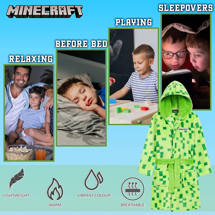 Minecraft Bademantel Kinder Jungen Weicher Fleece Morgenmantel mit Kapuze Badeponcho Creeper Gamer G