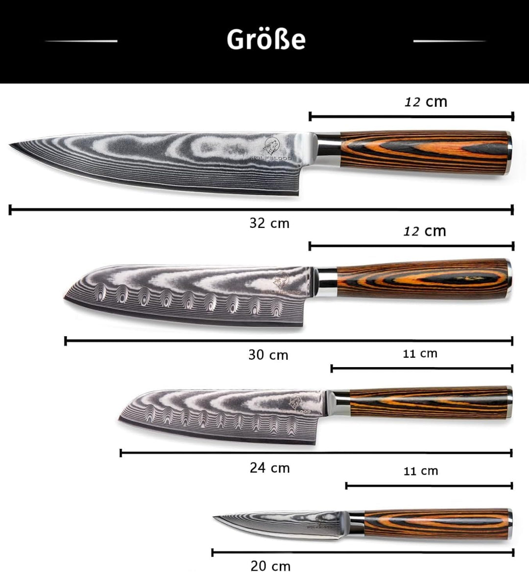 Wolfblood Damastmesser-Set 4er (32cm, 30cm, 24cm und 20cm) Profi-Damast-Küchenmesser Set aus 67 Lage